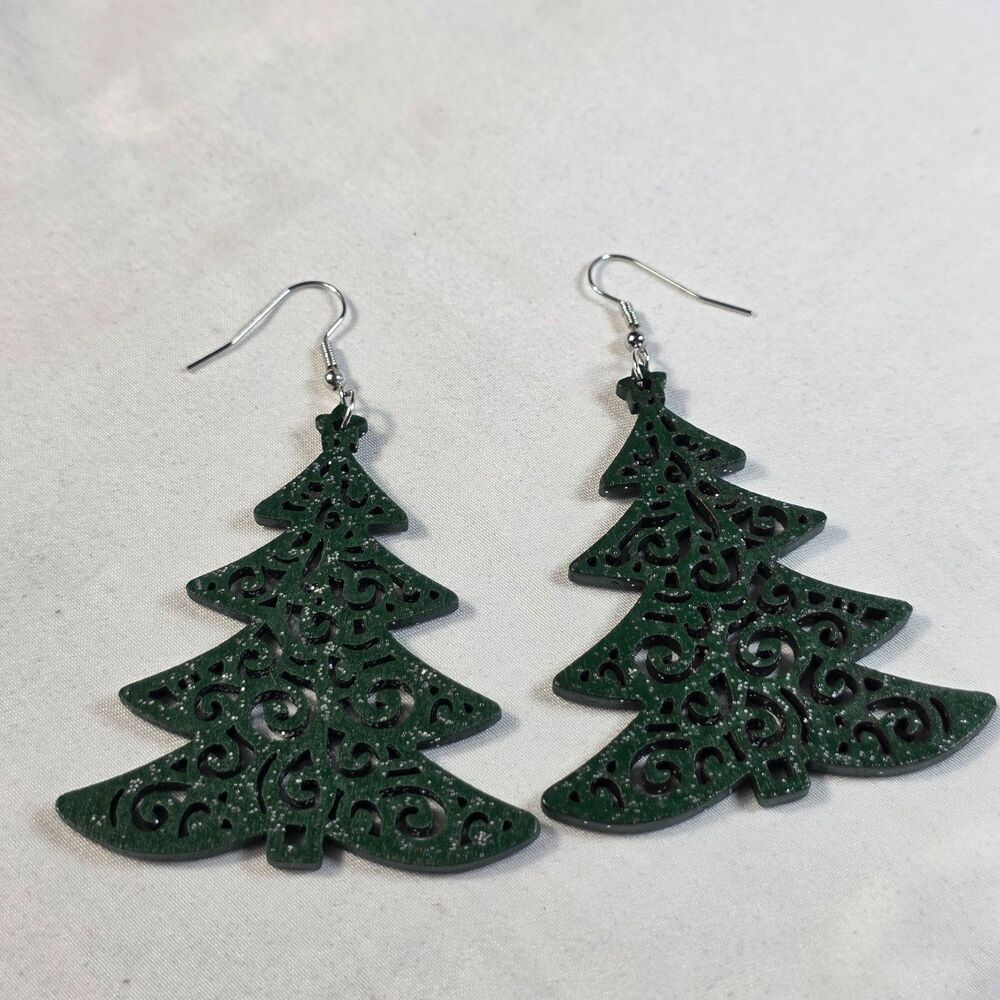 Green Glitter Christmas Tree Dangle Earrings Laser Cut Filigree Holiday Jewelry